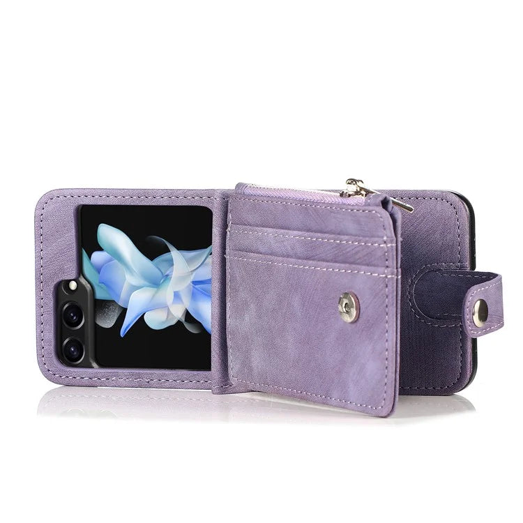 For Samsung Galaxy Z Flip6 5G Case Kickstand Retro Leather Phone Cover Zipper Card Holder