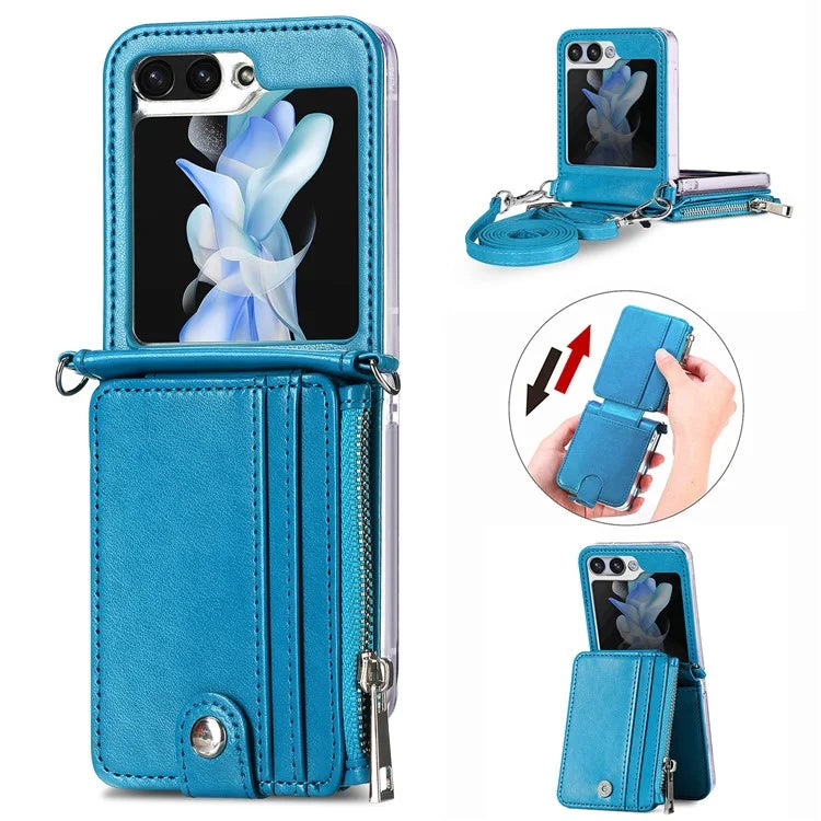 For Samsung Galaxy Z Flip6 5G Case Zipper Card Holder Leather Phone Cover with Long Strap