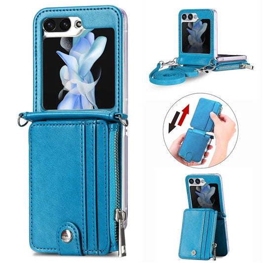 For Samsung Galaxy Z Flip6 5G Case Zipper Card Holder Leather Phone Cover with Long Strap