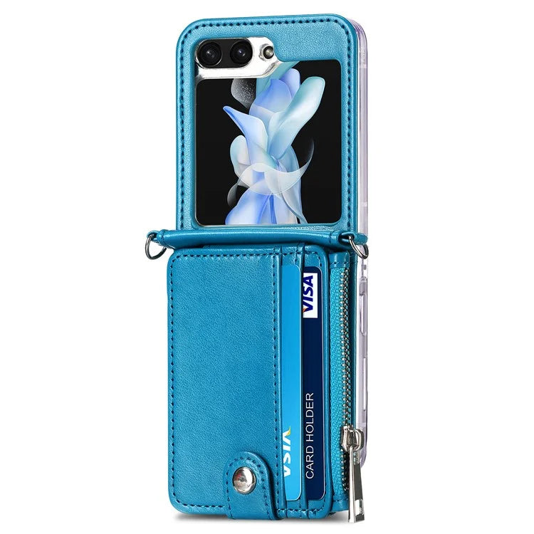 For Samsung Galaxy Z Flip6 5G Case Zipper Card Holder Leather Phone Cover with Long Strap