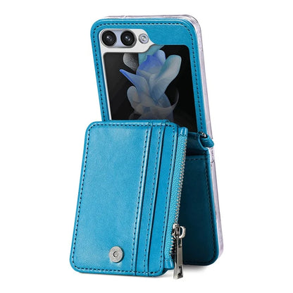 For Samsung Galaxy Z Flip6 5G Case Zipper Card Holder Leather Phone Cover with Long Strap