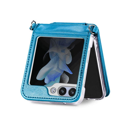 For Samsung Galaxy Z Flip6 5G Case Zipper Card Holder Leather Phone Cover with Long Strap