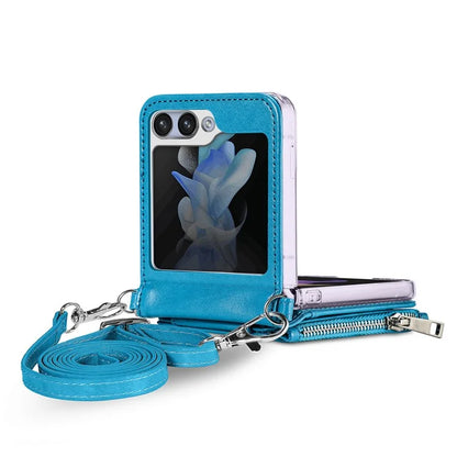 For Samsung Galaxy Z Flip6 5G Case Zipper Card Holder Leather Phone Cover with Long Strap