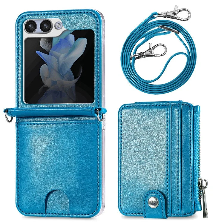 For Samsung Galaxy Z Flip6 5G Case Zipper Card Holder Leather Phone Cover with Long Strap