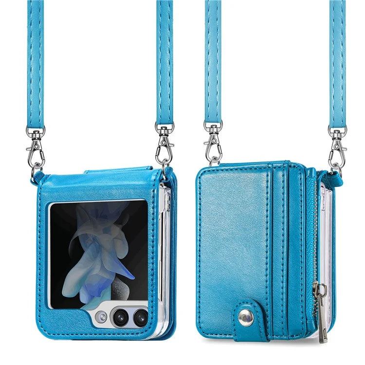 For Samsung Galaxy Z Flip6 5G Case Zipper Card Holder Leather Phone Cover with Long Strap