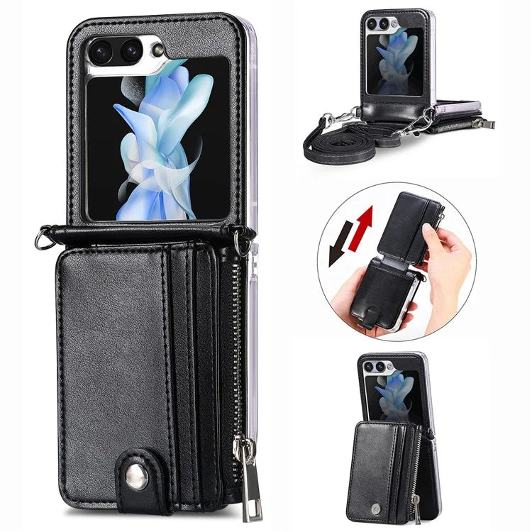 For Samsung Galaxy Z Flip6 5G Case Zipper Card Holder Leather Phone Cover with Long Strap