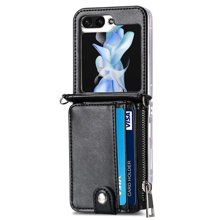 For Samsung Galaxy Z Flip6 5G Case Zipper Card Holder Leather Phone Cover with Long Strap