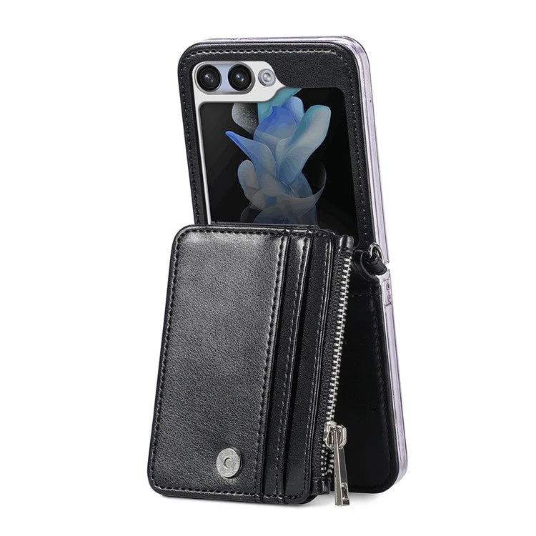 For Samsung Galaxy Z Flip6 5G Case Zipper Card Holder Leather Phone Cover with Long Strap