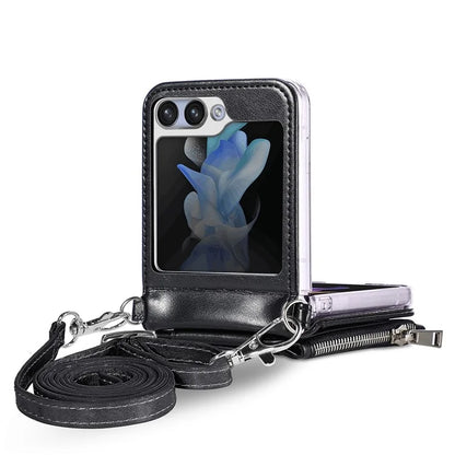 For Samsung Galaxy Z Flip6 5G Case Zipper Card Holder Leather Phone Cover with Long Strap