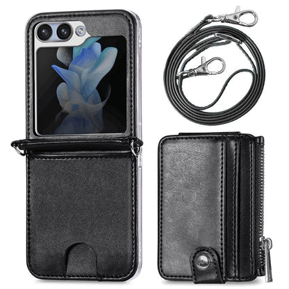 For Samsung Galaxy Z Flip6 5G Case Zipper Card Holder Leather Phone Cover with Long Strap