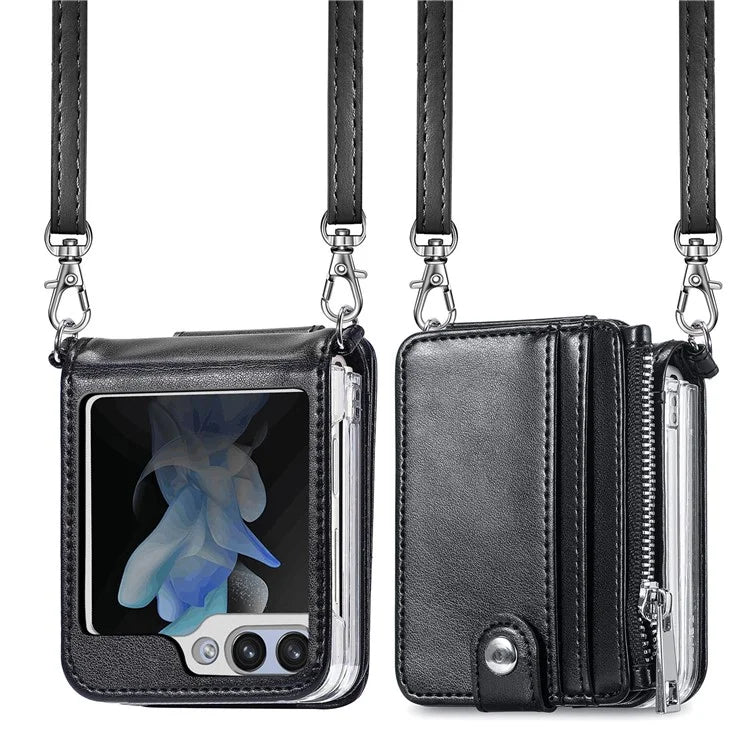 For Samsung Galaxy Z Flip6 5G Case Zipper Card Holder Leather Phone Cover with Long Strap
