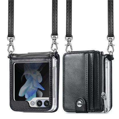 For Samsung Galaxy Z Flip6 5G Case Zipper Card Holder Leather Phone Cover with Long Strap