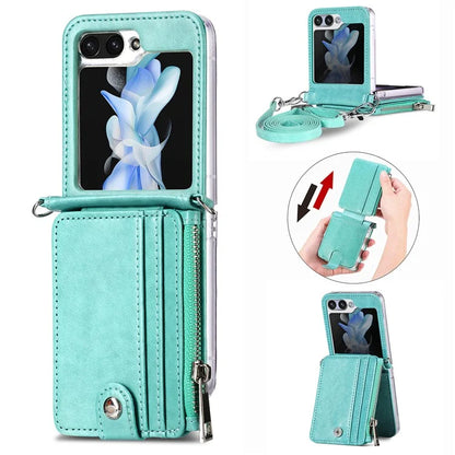 For Samsung Galaxy Z Flip6 5G Case Zipper Card Holder Leather Phone Cover with Long Strap