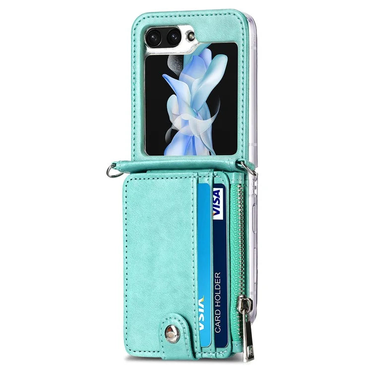 For Samsung Galaxy Z Flip6 5G Case Zipper Card Holder Leather Phone Cover with Long Strap