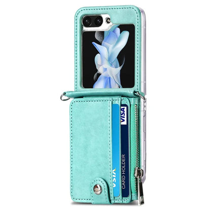 For Samsung Galaxy Z Flip6 5G Case Zipper Card Holder Leather Phone Cover with Long Strap