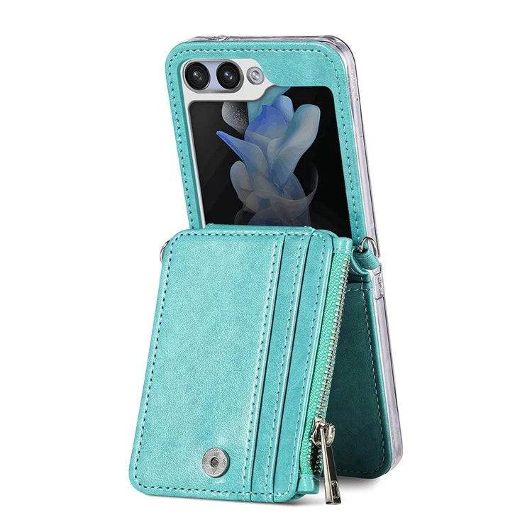 For Samsung Galaxy Z Flip6 5G Case Zipper Card Holder Leather Phone Cover with Long Strap