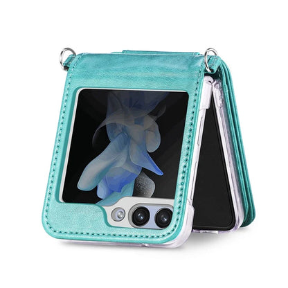 For Samsung Galaxy Z Flip6 5G Case Zipper Card Holder Leather Phone Cover with Long Strap