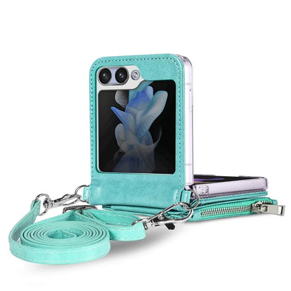 For Samsung Galaxy Z Flip6 5G Case Zipper Card Holder Leather Phone Cover with Long Strap