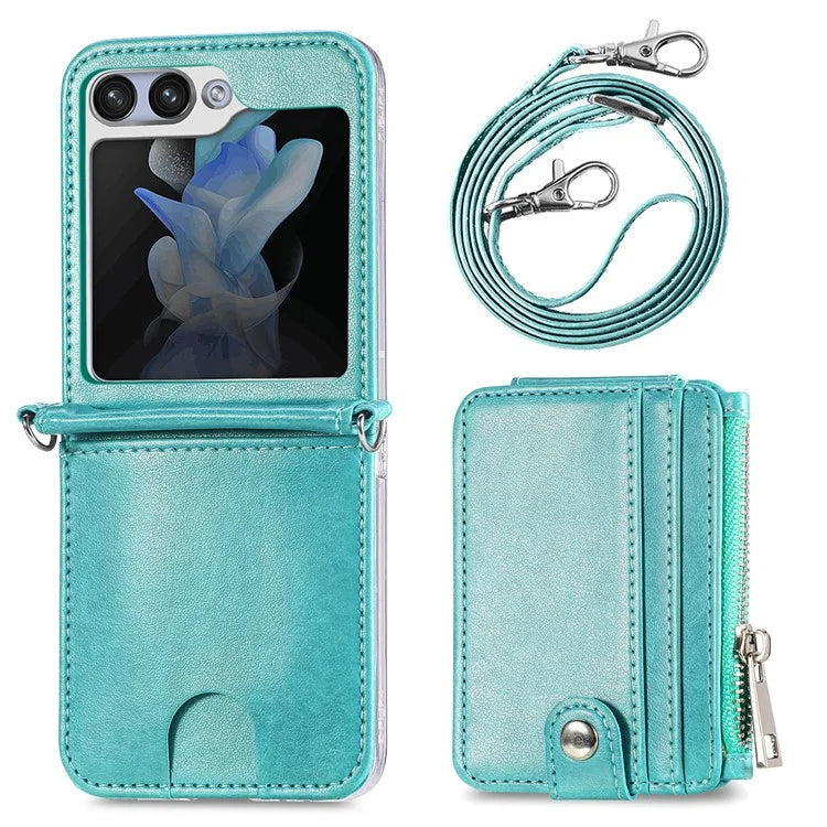For Samsung Galaxy Z Flip6 5G Case Zipper Card Holder Leather Phone Cover with Long Strap