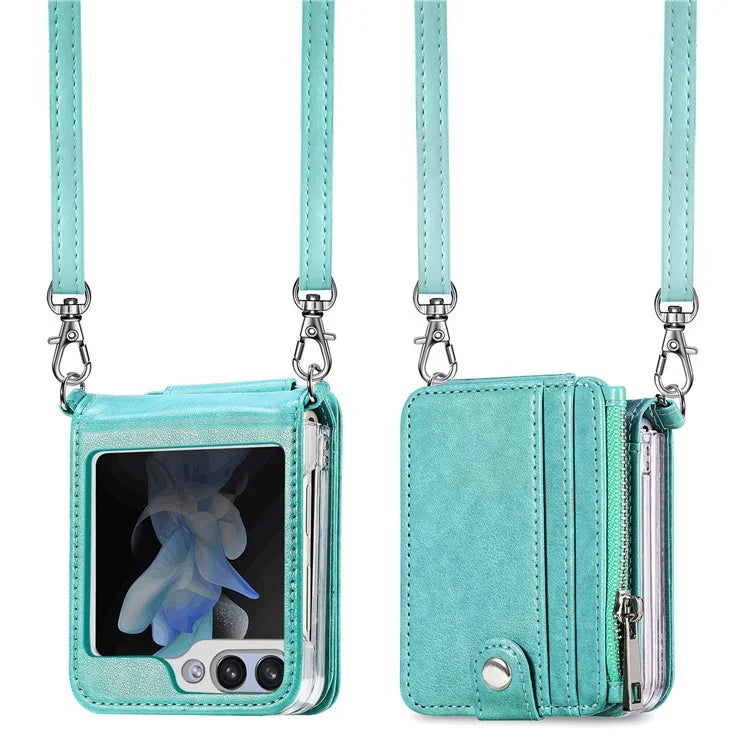 For Samsung Galaxy Z Flip6 5G Case Zipper Card Holder Leather Phone Cover with Long Strap