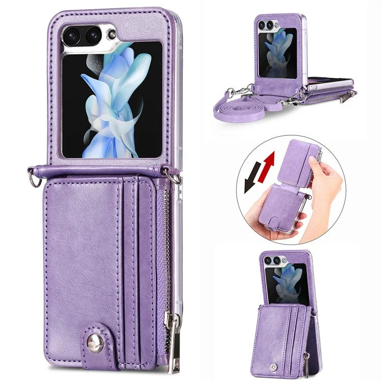 For Samsung Galaxy Z Flip6 5G Case Zipper Card Holder Leather Phone Cover with Long Strap