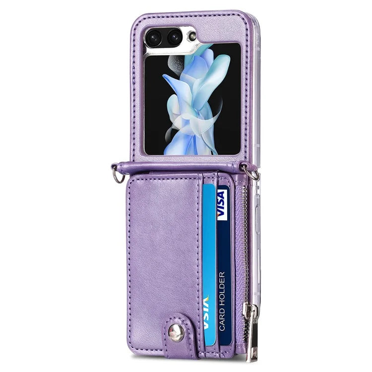 For Samsung Galaxy Z Flip6 5G Case Zipper Card Holder Leather Phone Cover with Long Strap