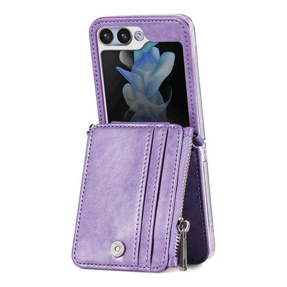 For Samsung Galaxy Z Flip6 5G Case Zipper Card Holder Leather Phone Cover with Long Strap