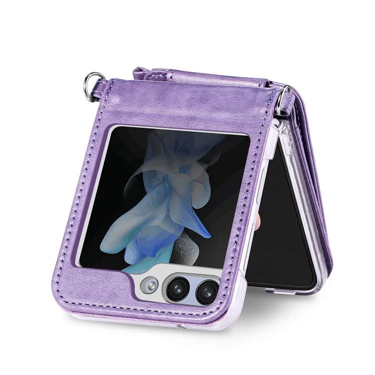 For Samsung Galaxy Z Flip6 5G Case Zipper Card Holder Leather Phone Cover with Long Strap
