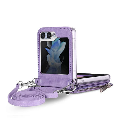 For Samsung Galaxy Z Flip6 5G Case Zipper Card Holder Leather Phone Cover with Long Strap
