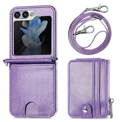 For Samsung Galaxy Z Flip6 5G Case Zipper Card Holder Leather Phone Cover with Long Strap
