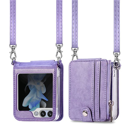 For Samsung Galaxy Z Flip6 5G Case Zipper Card Holder Leather Phone Cover with Long Strap