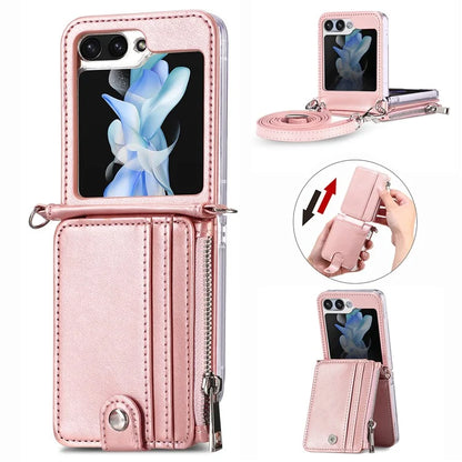 For Samsung Galaxy Z Flip6 5G Case Zipper Card Holder Leather Phone Cover with Long Strap