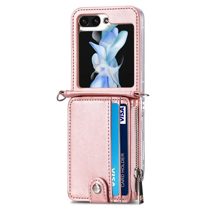 For Samsung Galaxy Z Flip6 5G Case Zipper Card Holder Leather Phone Cover with Long Strap