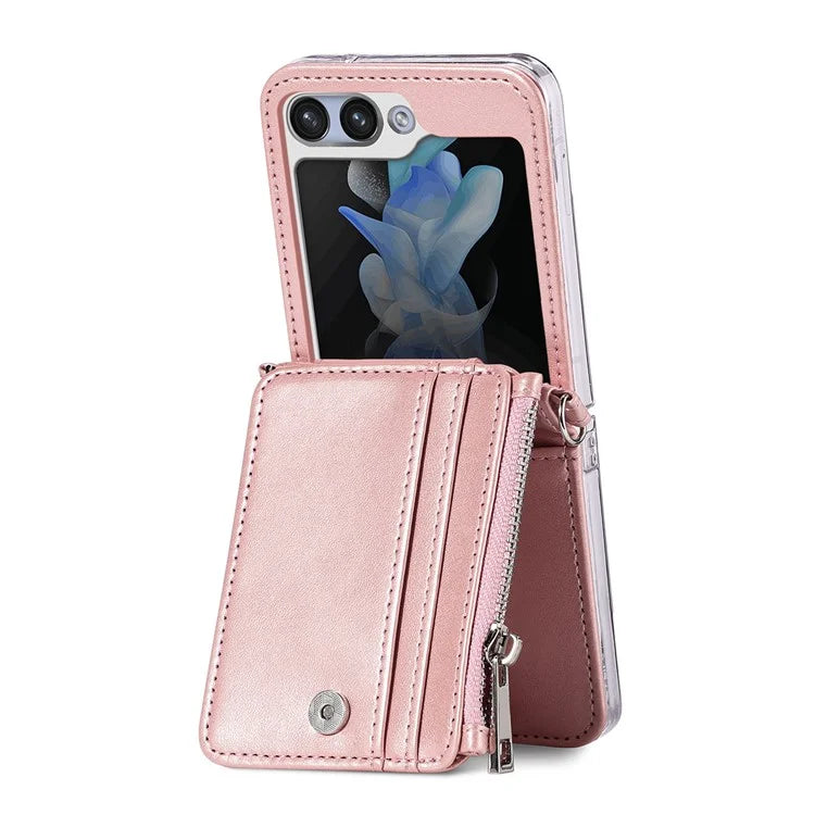 For Samsung Galaxy Z Flip6 5G Case Zipper Card Holder Leather Phone Cover with Long Strap