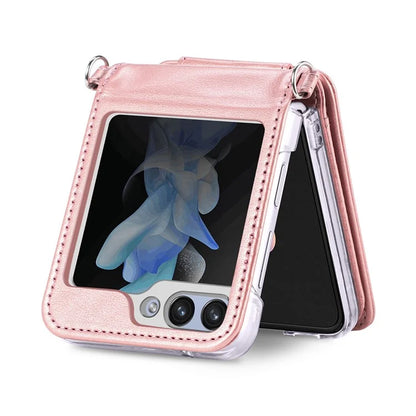 For Samsung Galaxy Z Flip6 5G Case Zipper Card Holder Leather Phone Cover with Long Strap