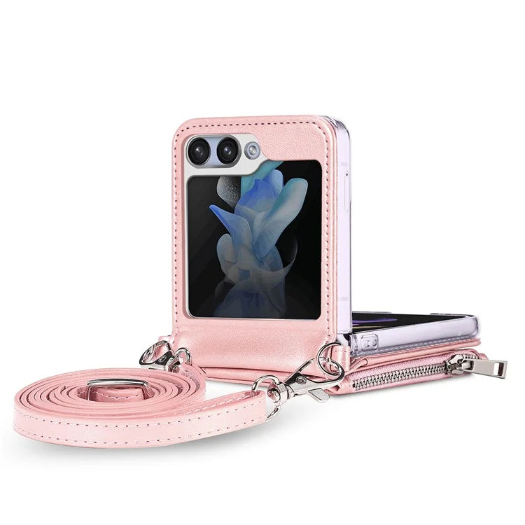 For Samsung Galaxy Z Flip6 5G Case Zipper Card Holder Leather Phone Cover with Long Strap