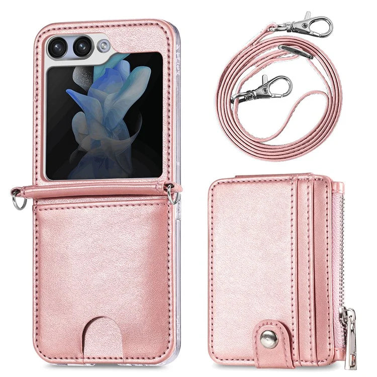 For Samsung Galaxy Z Flip6 5G Case Zipper Card Holder Leather Phone Cover with Long Strap