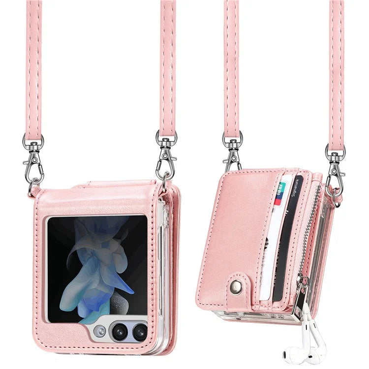 For Samsung Galaxy Z Flip6 5G Case Zipper Card Holder Leather Phone Cover with Long Strap