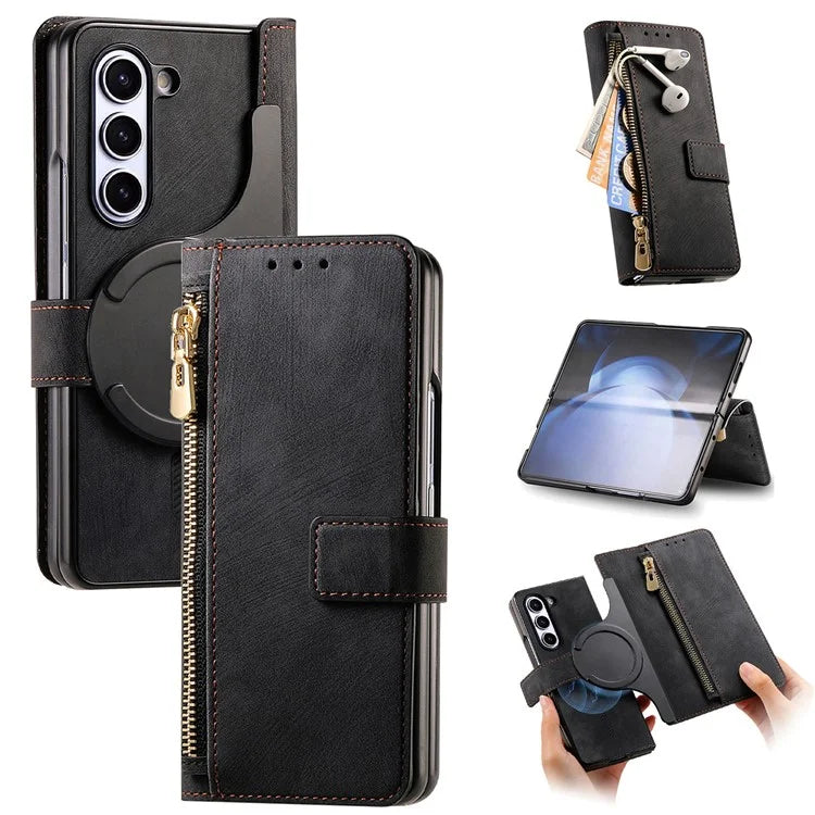 For Samsung Galaxy Z Fold6 5G Case Detachable PU+TPU Wallet Phone Cover with Zipper Pouch
