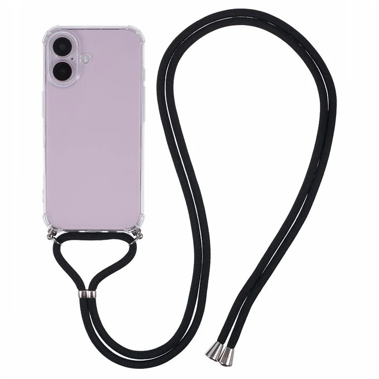 For iPhone 16 Plus Case Four Corners Anti-Drop Clear TPU Phone Cover with Strap (Large Lens Hole)