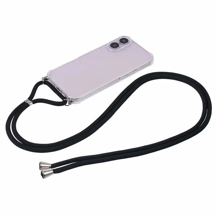 For iPhone 16 Plus Case Four Corners Anti-Drop Clear TPU Phone Cover with Strap (Large Lens Hole)