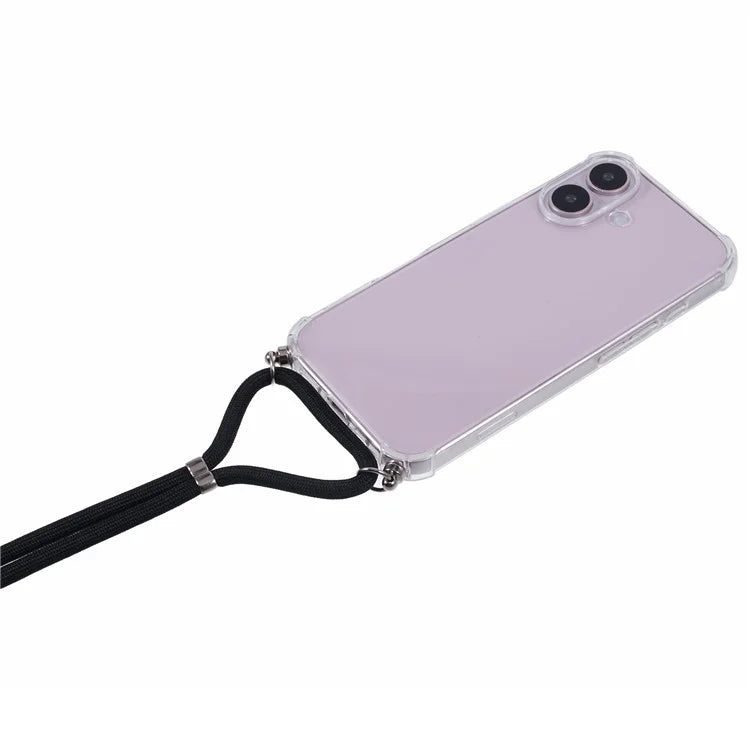 For iPhone 16 Plus Case Four Corners Anti-Drop Clear TPU Phone Cover with Strap (Large Lens Hole)