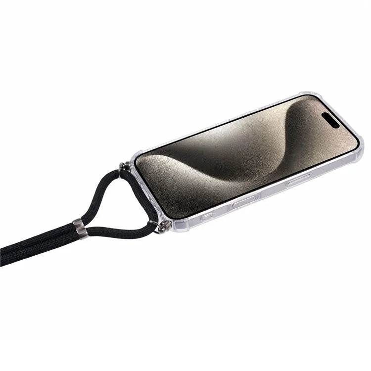 For iPhone 16 Plus Case Four Corners Anti-Drop Clear TPU Phone Cover with Strap (Large Lens Hole)
