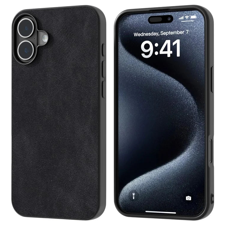 For iPhone 16 Case Anti-Scratch PU Leather Phone Back Cover Black Edge