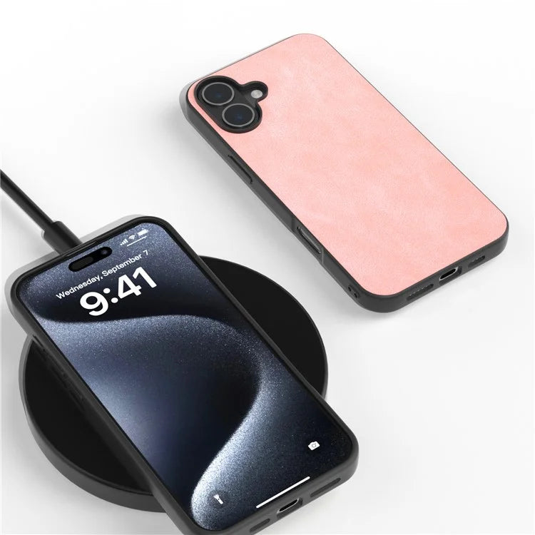 For iPhone 16 Case Anti-Scratch PU Leather Phone Back Cover Black Edge