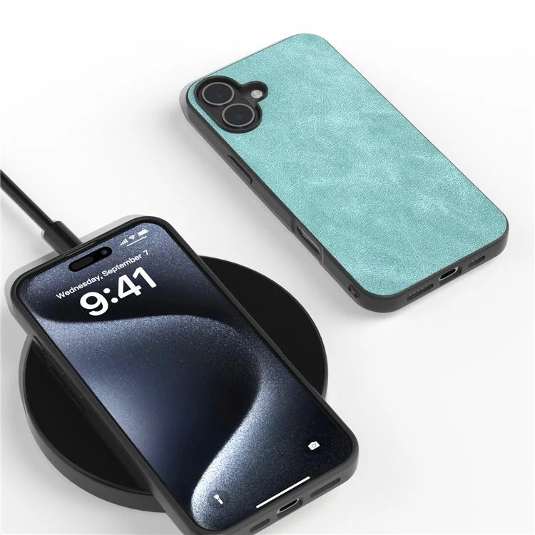 For iPhone 16 Case Anti-Scratch PU Leather Phone Back Cover Black Edge