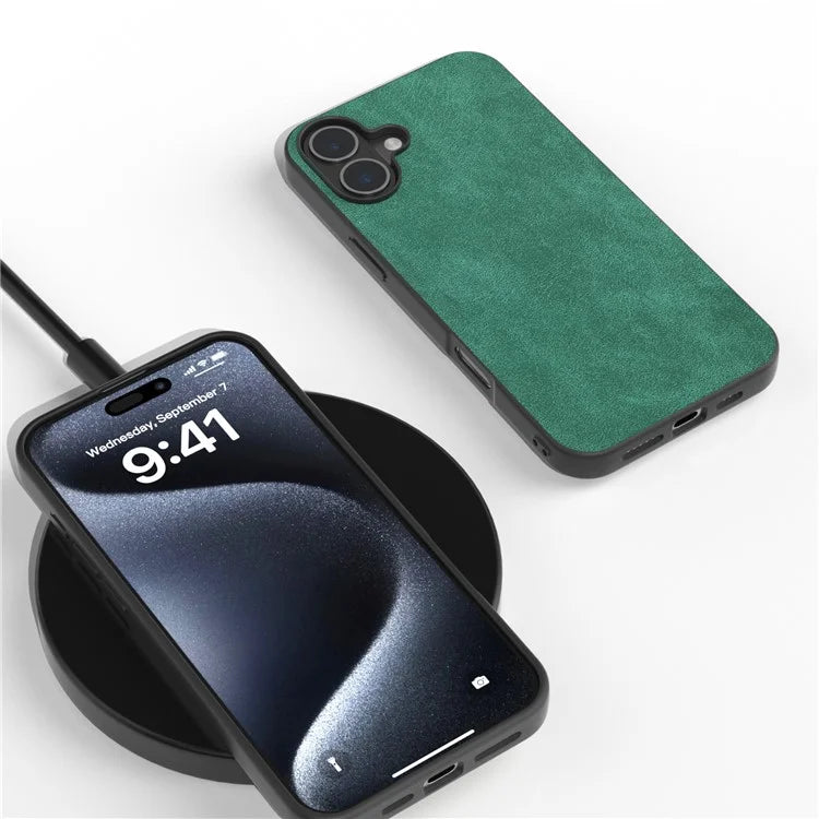 For iPhone 16 Case Anti-Scratch PU Leather Phone Back Cover Black Edge