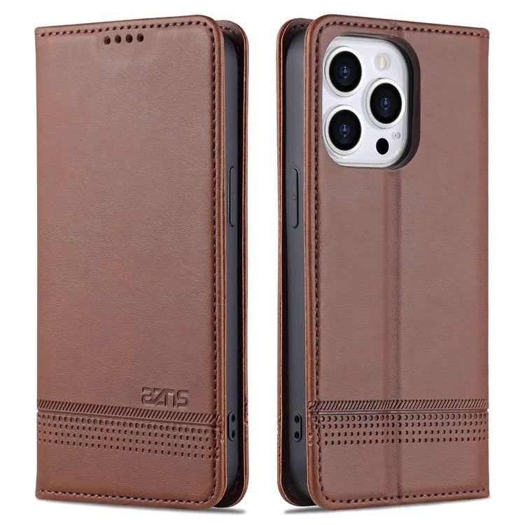 AZNS For iPhone 16 Pro Case Hidden Magnetic PU Leather Phone Cover Cowhide Texture