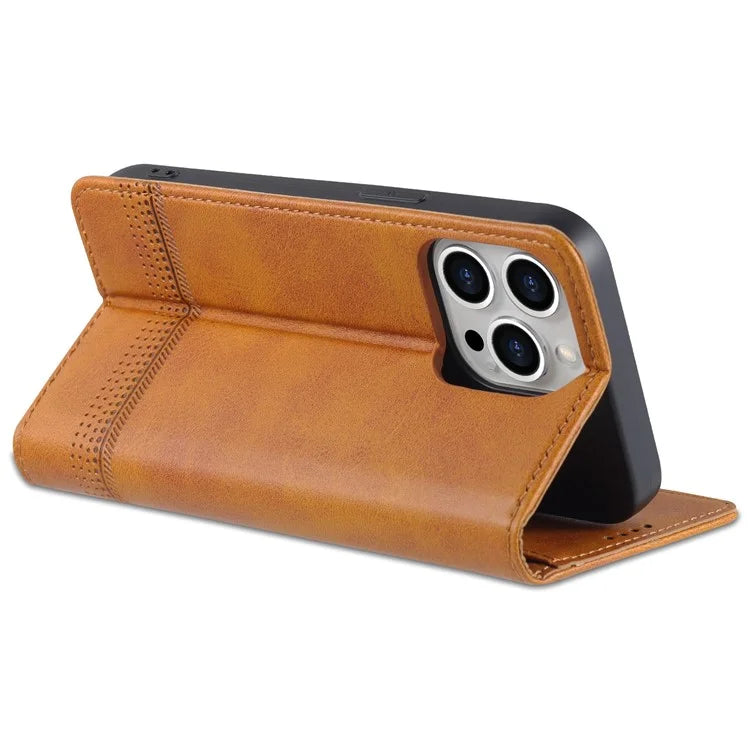 AZNS For iPhone 16 Pro Case Hidden Magnetic PU Leather Phone Cover Cowhide Texture