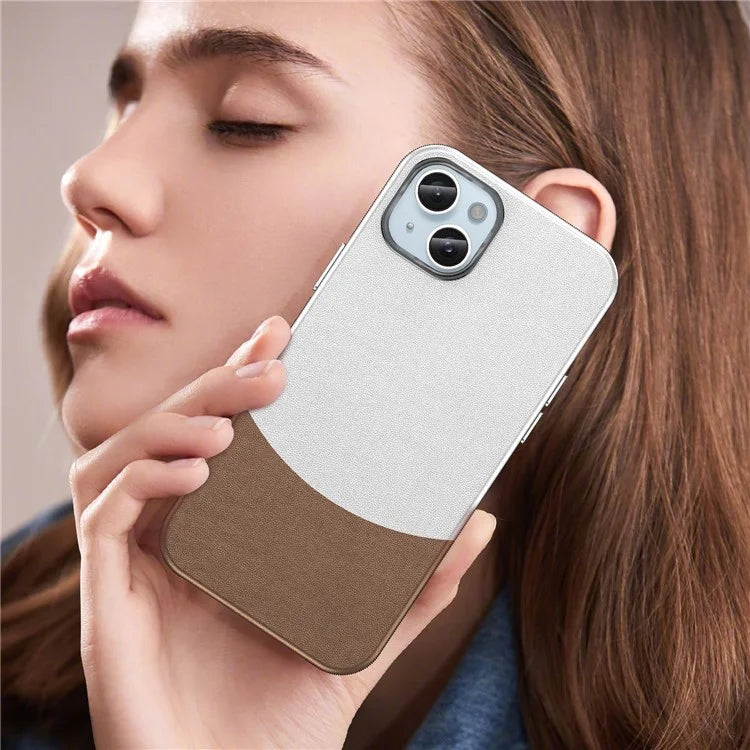 For iPhone 15 Case Leather Coated PC+TPU Phone Cover Compatible with MagSafe
